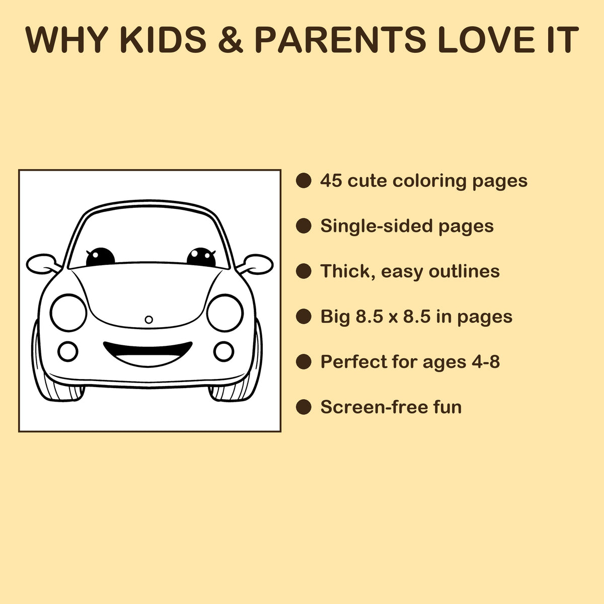 Race Cars features: 45 single-sided pages, 8.5 x 8.5 inches, ages 4-8