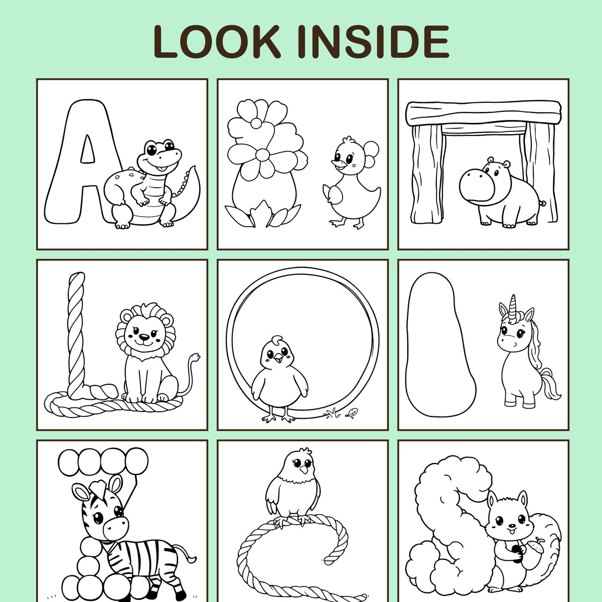 Look inside ABC Animals: a sample coloring page with thick, bold outlines