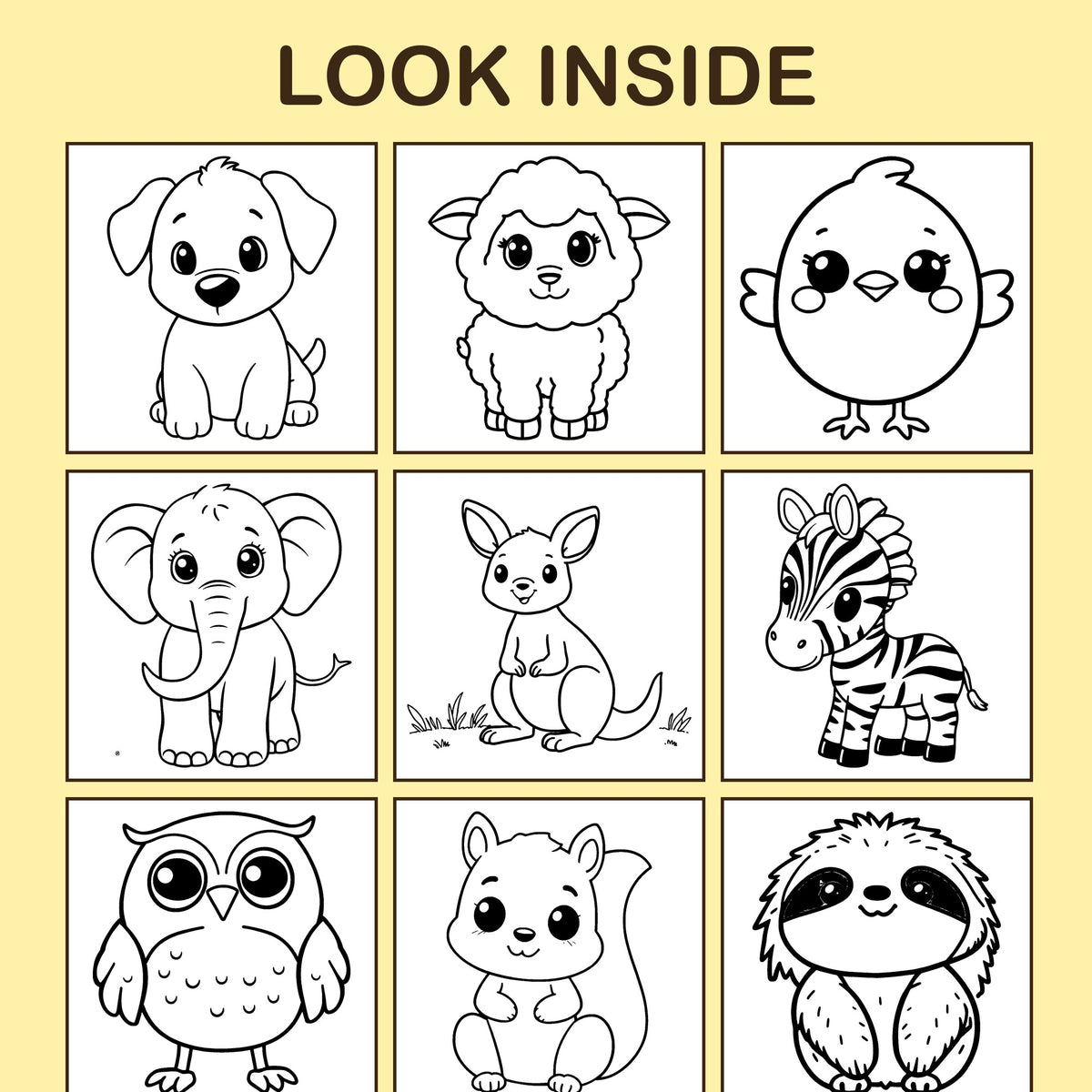 Look inside Baby Animals: a sample coloring page with thick, bold outlines
