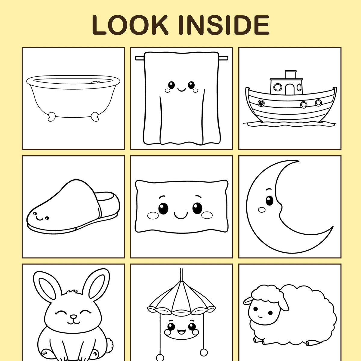 Look inside Bath & Bedtime: a sample coloring page with thick, bold outlines