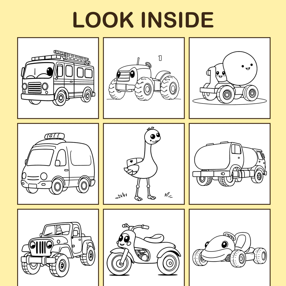 Look inside Big & Easy Trucks: a sample coloring page with thick, bold outlines