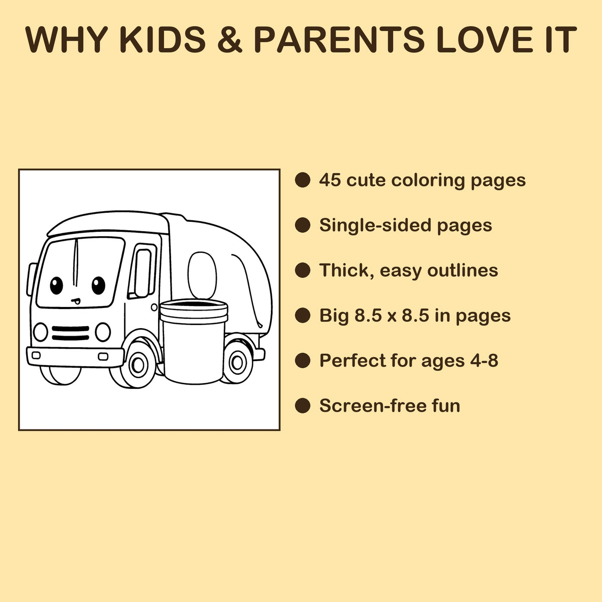 Big Trucks features: 45 single-sided pages, 8.5 x 8.5 inches, ages 4-8