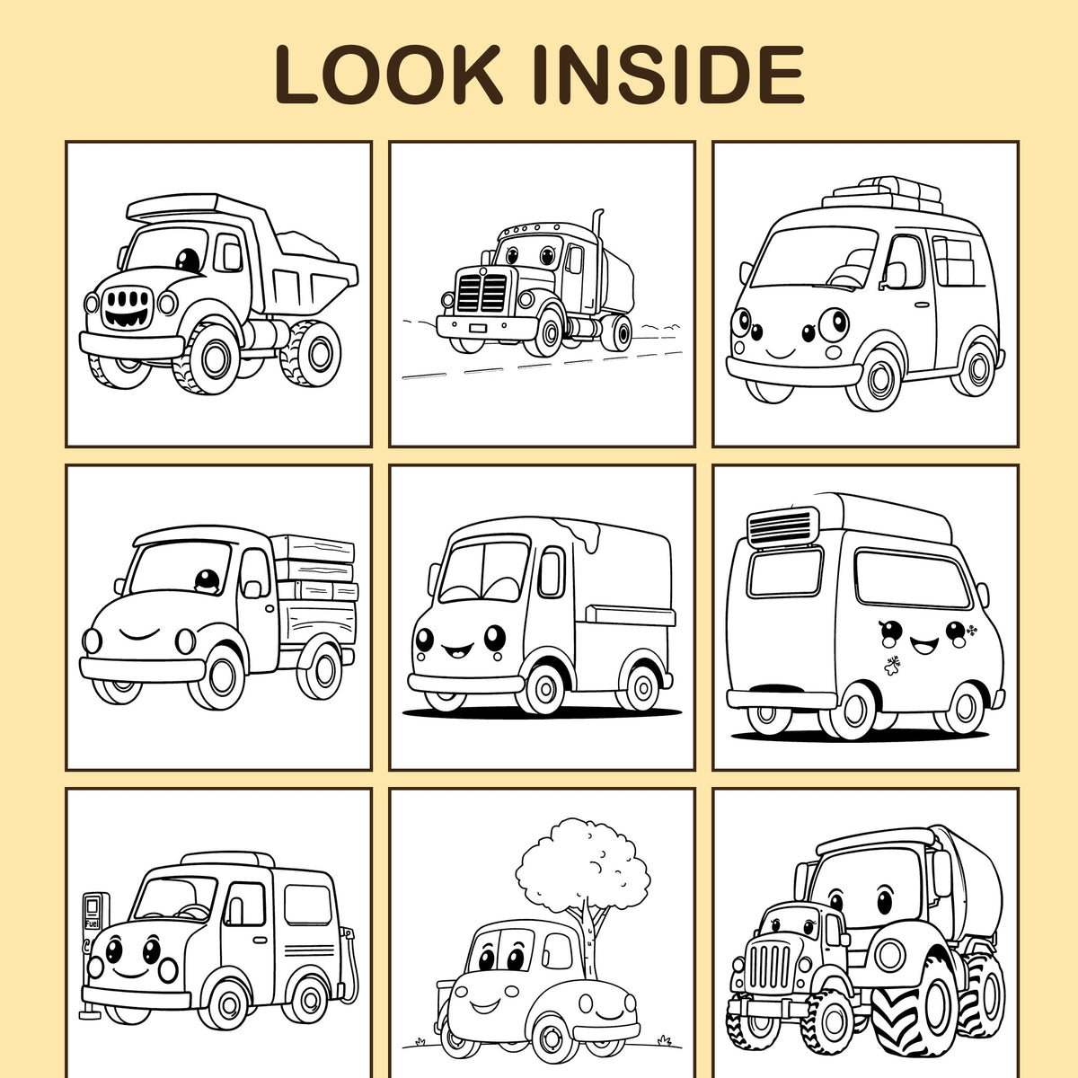 Look inside Big Trucks: a sample coloring page with thick, bold outlines