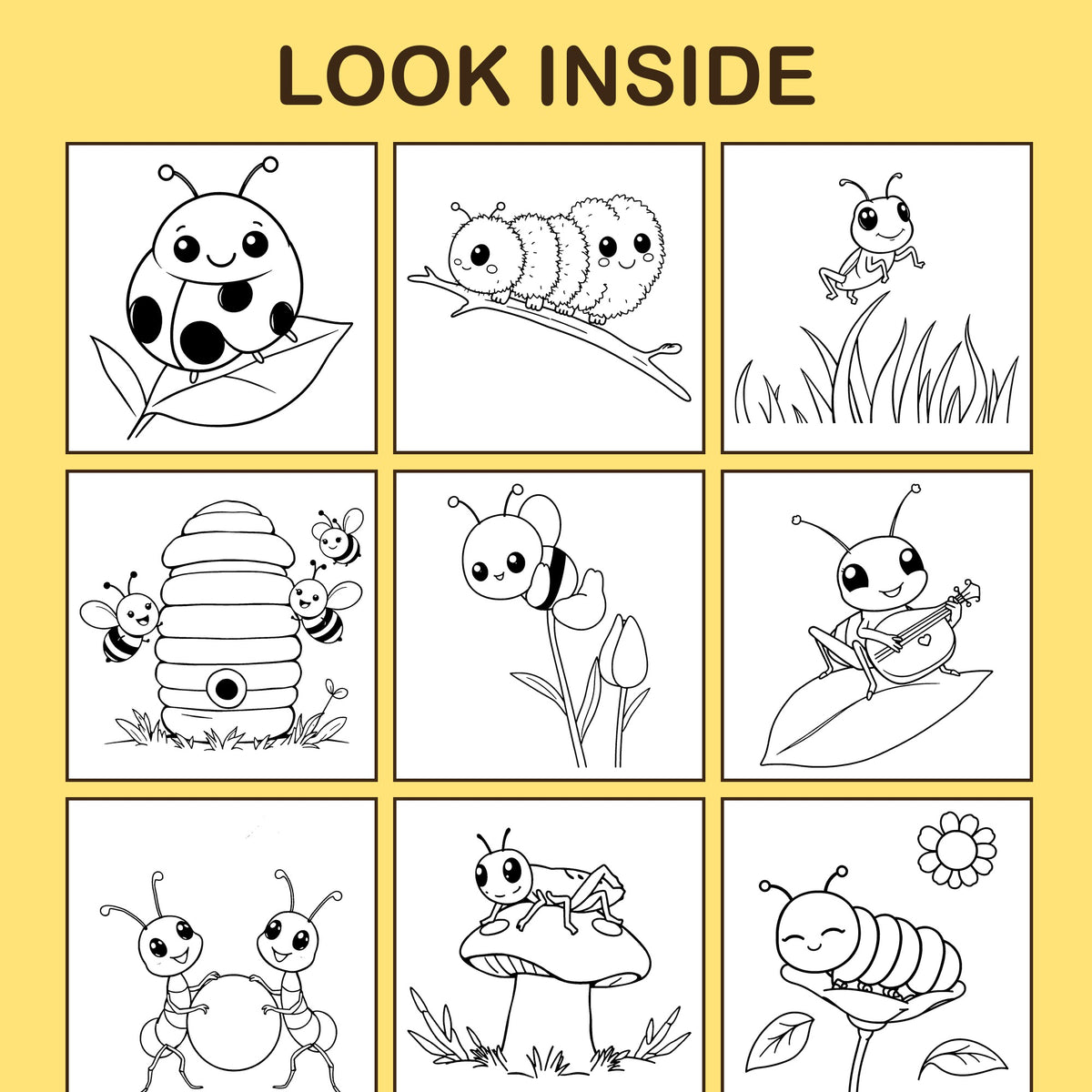Look inside Bug Buddies: a sample coloring page with thick, bold outlines