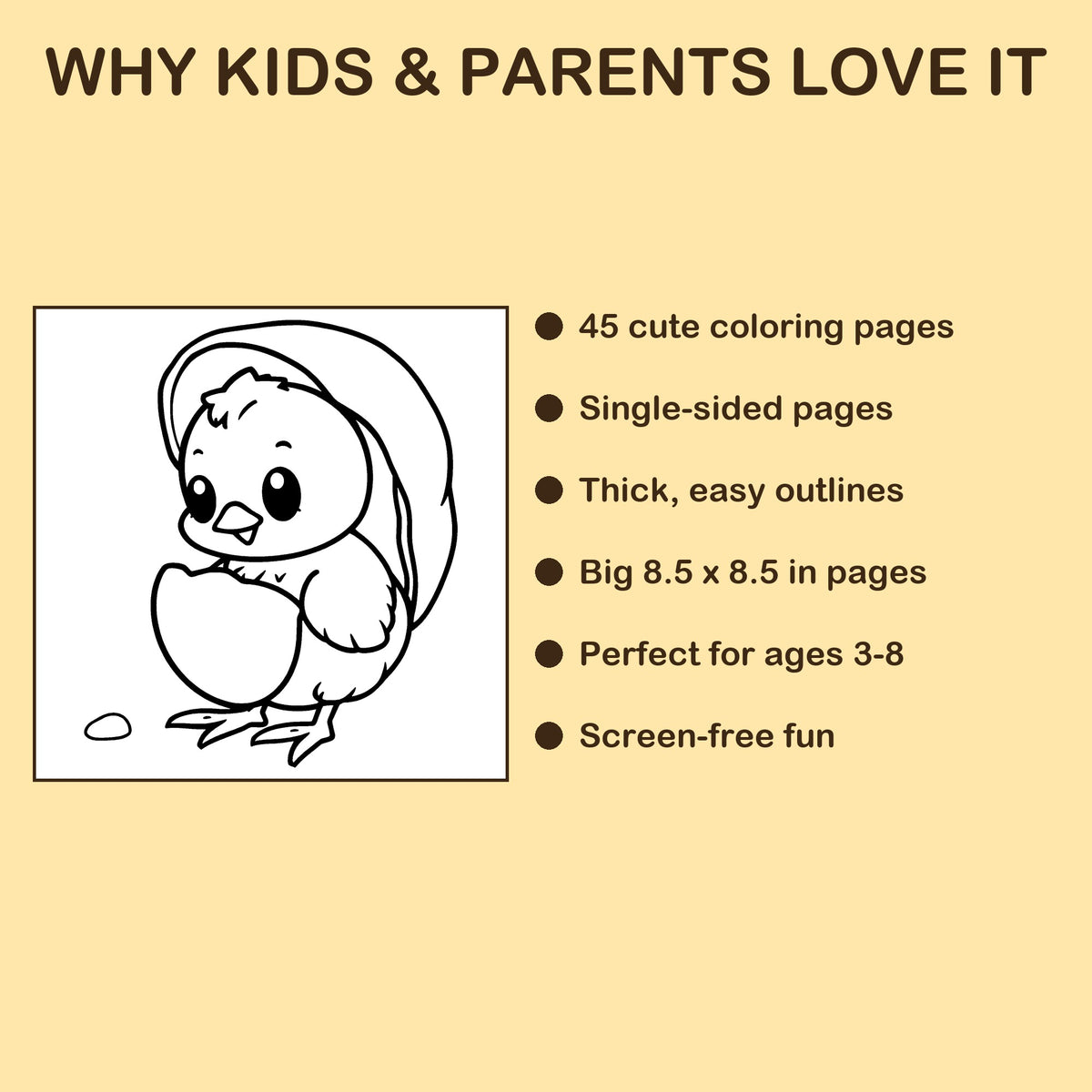 Bunnies & Chicks features: 45 single-sided pages, 8.5 x 8.5 inches, ages 3-8
