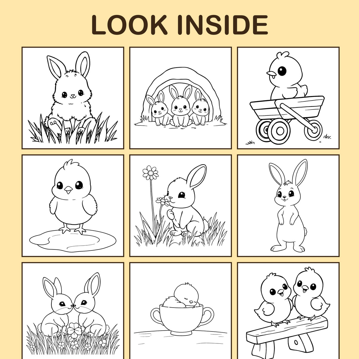 Look inside Bunnies & Chicks: a sample coloring page with thick, bold outlines