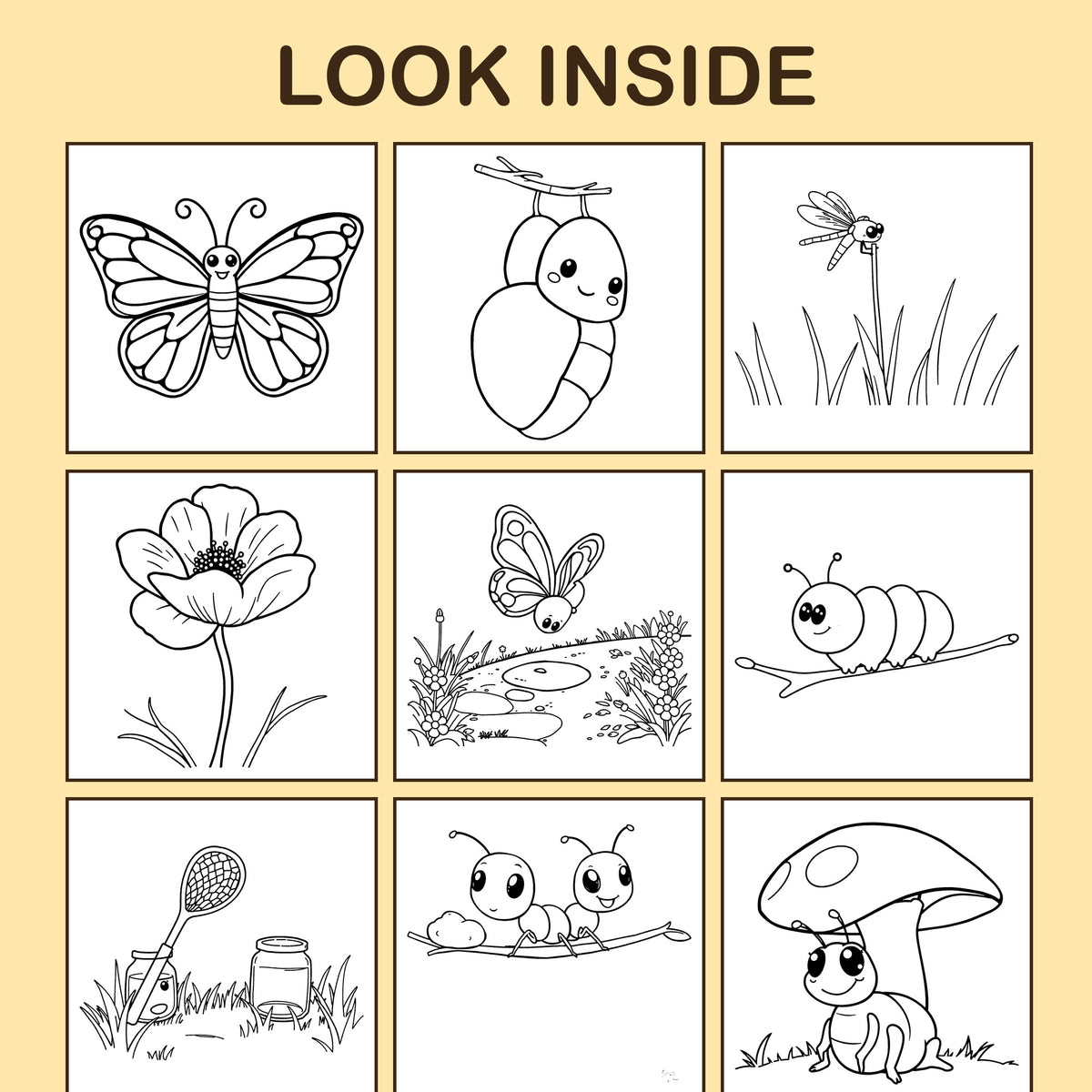 Look inside Butterfly Meadow: a sample coloring page with thick, bold outlines