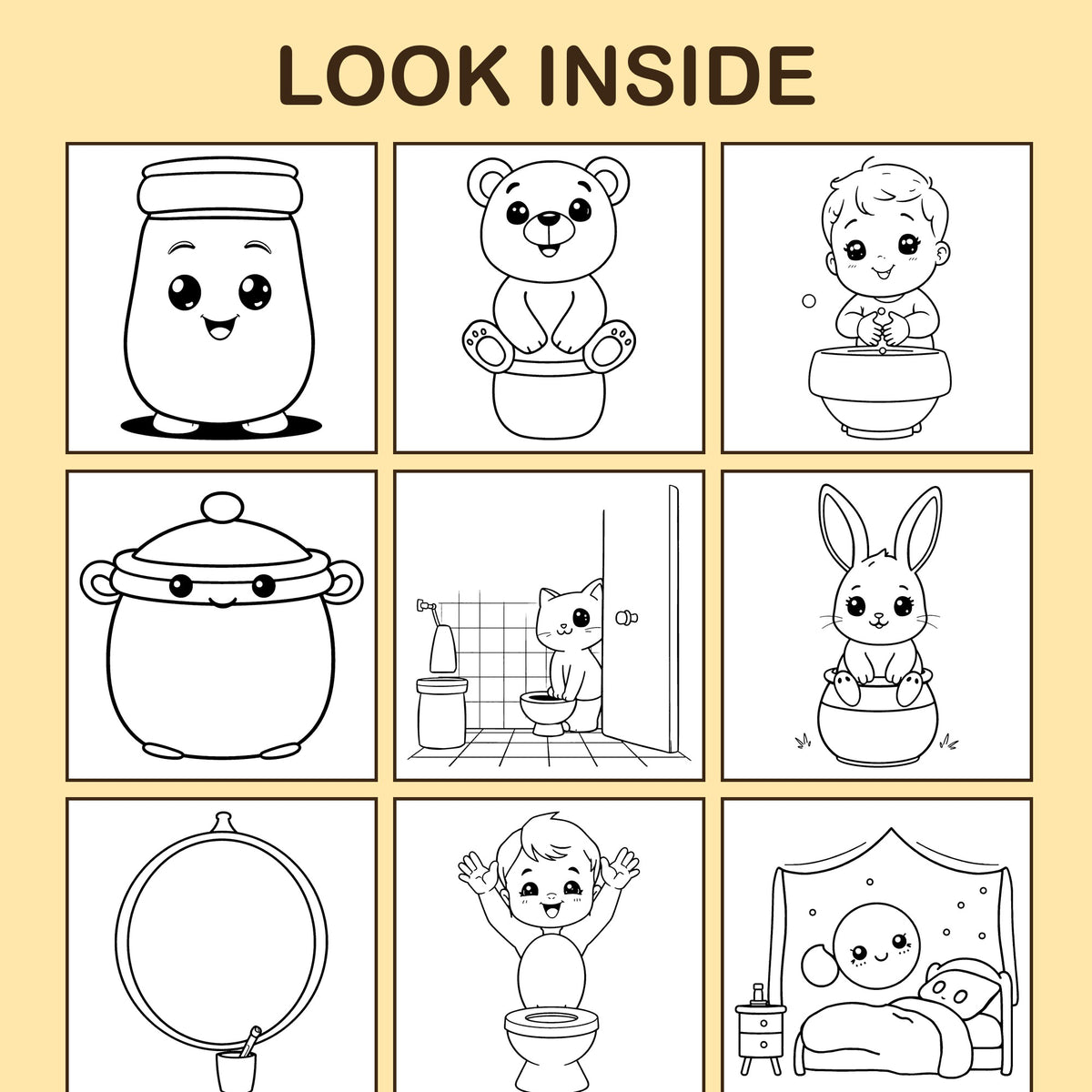 Look inside Bye-Bye Diapers: a sample coloring page with thick, bold outlines