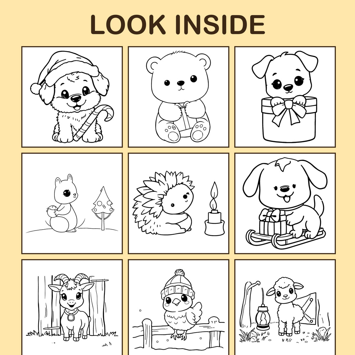 Look inside Christmas Animals: a sample coloring page with thick, bold outlines
