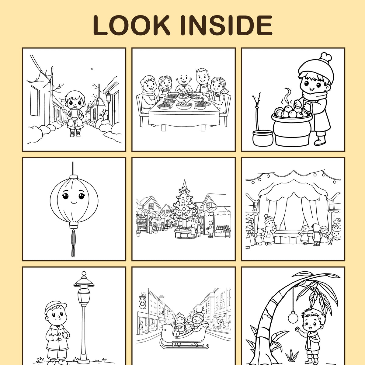 Look inside Christmas Around the World: a sample coloring page with thick, bold outlines