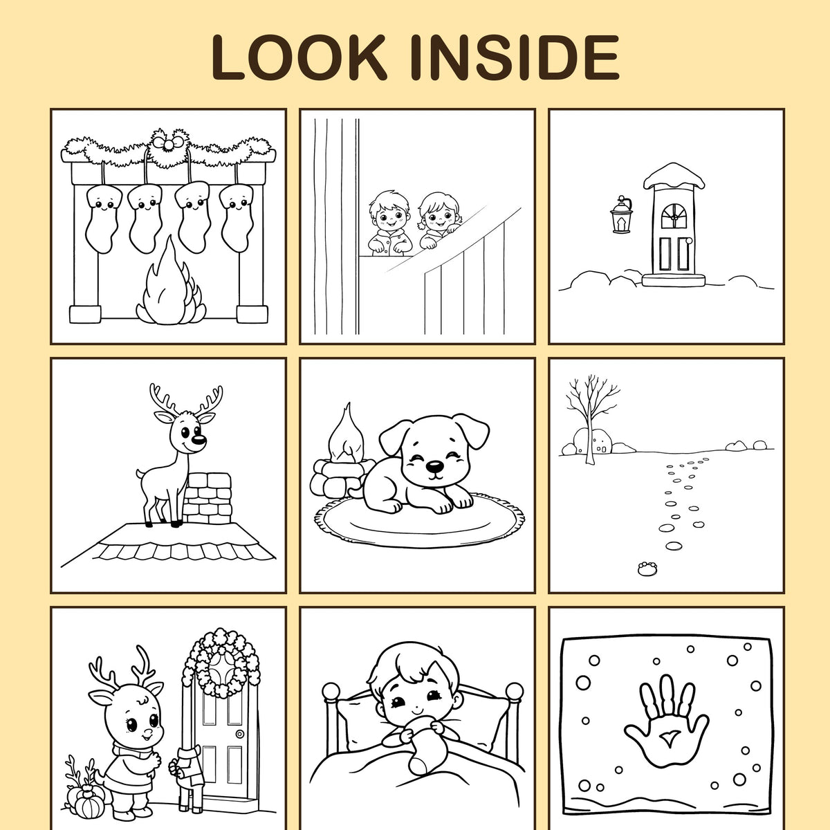 Look inside Christmas Eve Magic: a sample coloring page with thick, bold outlines