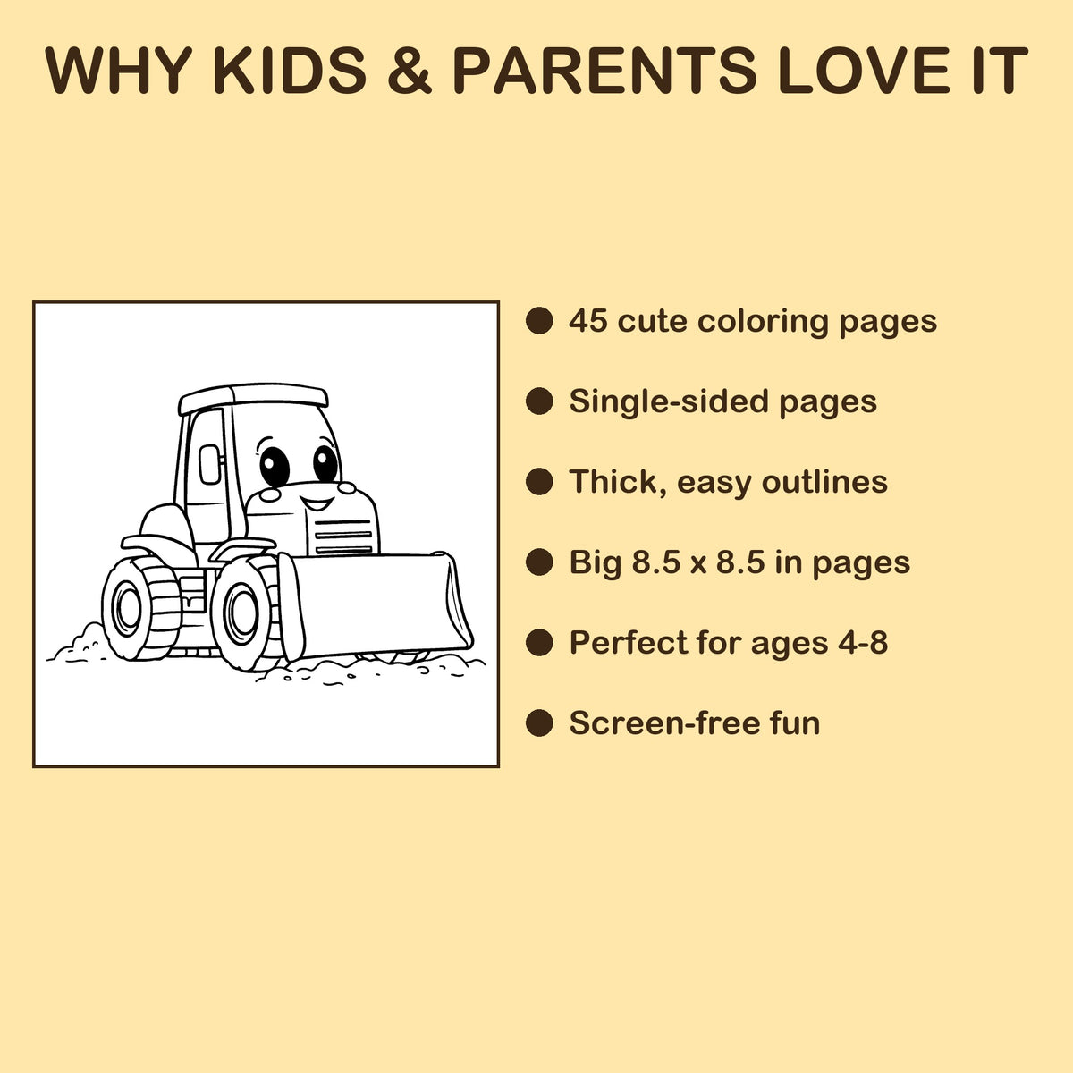 Construction Site features: 45 single-sided pages, 8.5 x 8.5 inches, ages 4-8