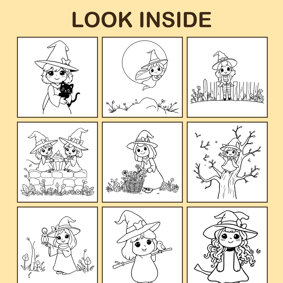 Look inside Cute Witches: a sample coloring page with thick, bold outlines