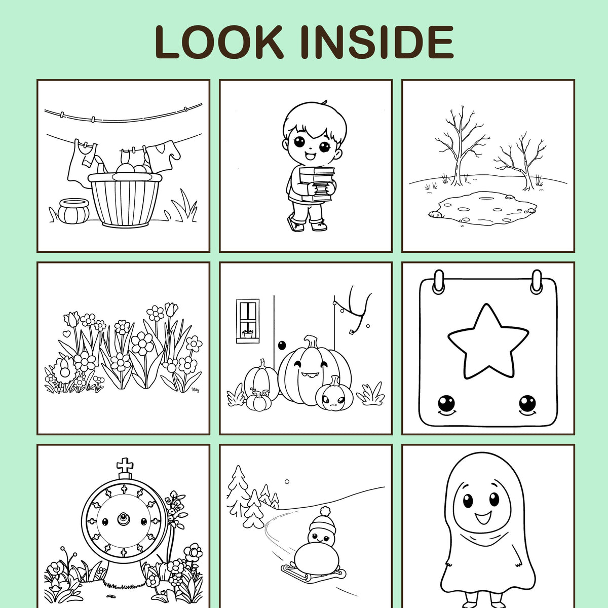 Look inside Days & Months: a sample coloring page with thick, bold outlines