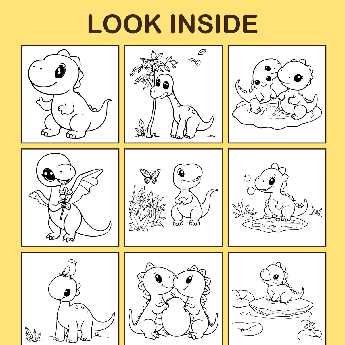 Look inside Dino Buddies: a sample coloring page with thick, bold outlines