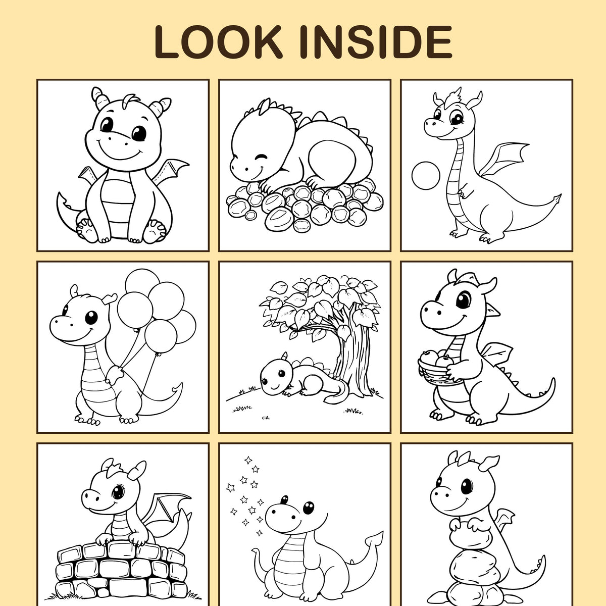 Look inside Dragon Friends: a sample coloring page with thick, bold outlines