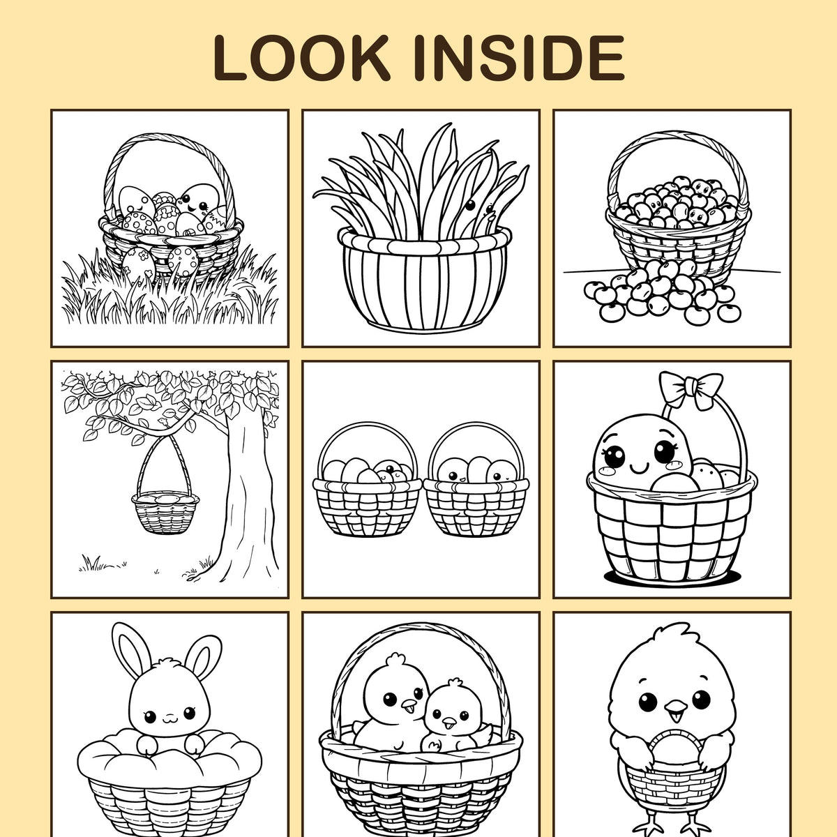 Look inside Easter Baskets: a sample coloring page with thick, bold outlines