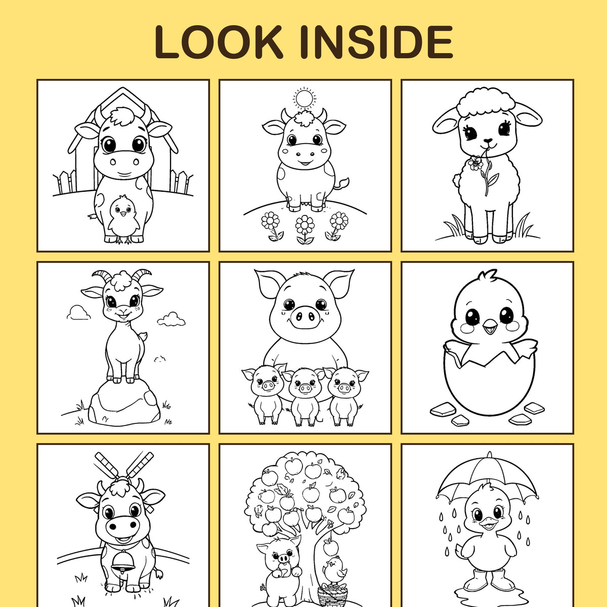 Look inside Farm Friends: a sample coloring page with thick, bold outlines