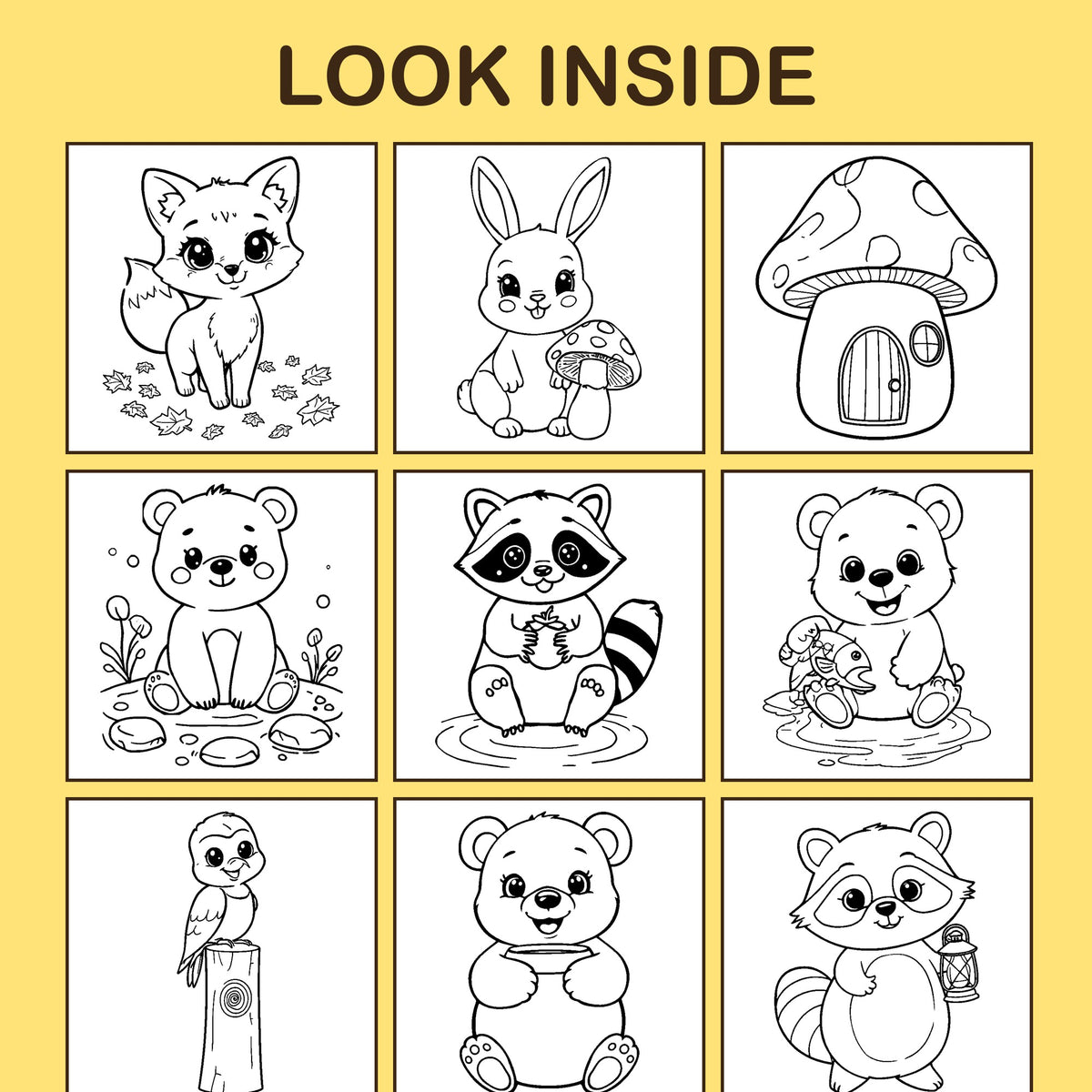 Look inside Forest Friends: a sample coloring page with thick, bold outlines