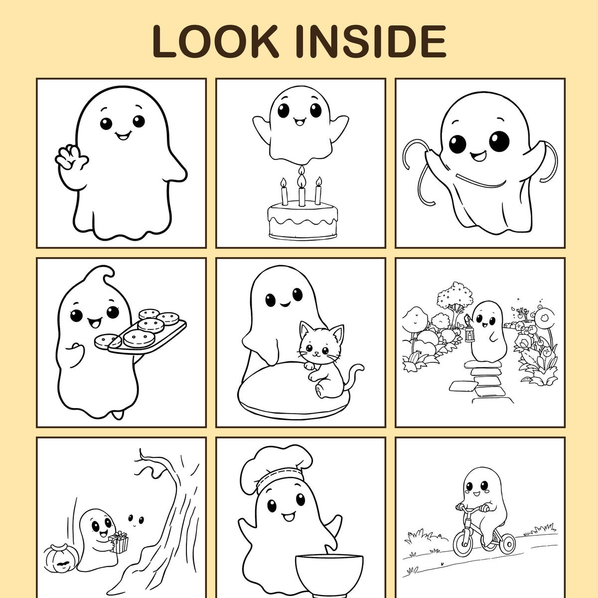 Look inside Friendly Ghosts: a sample coloring page with thick, bold outlines