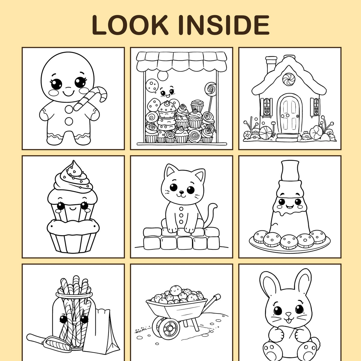 Look inside Gingerbread Lane: a sample coloring page with thick, bold outlines