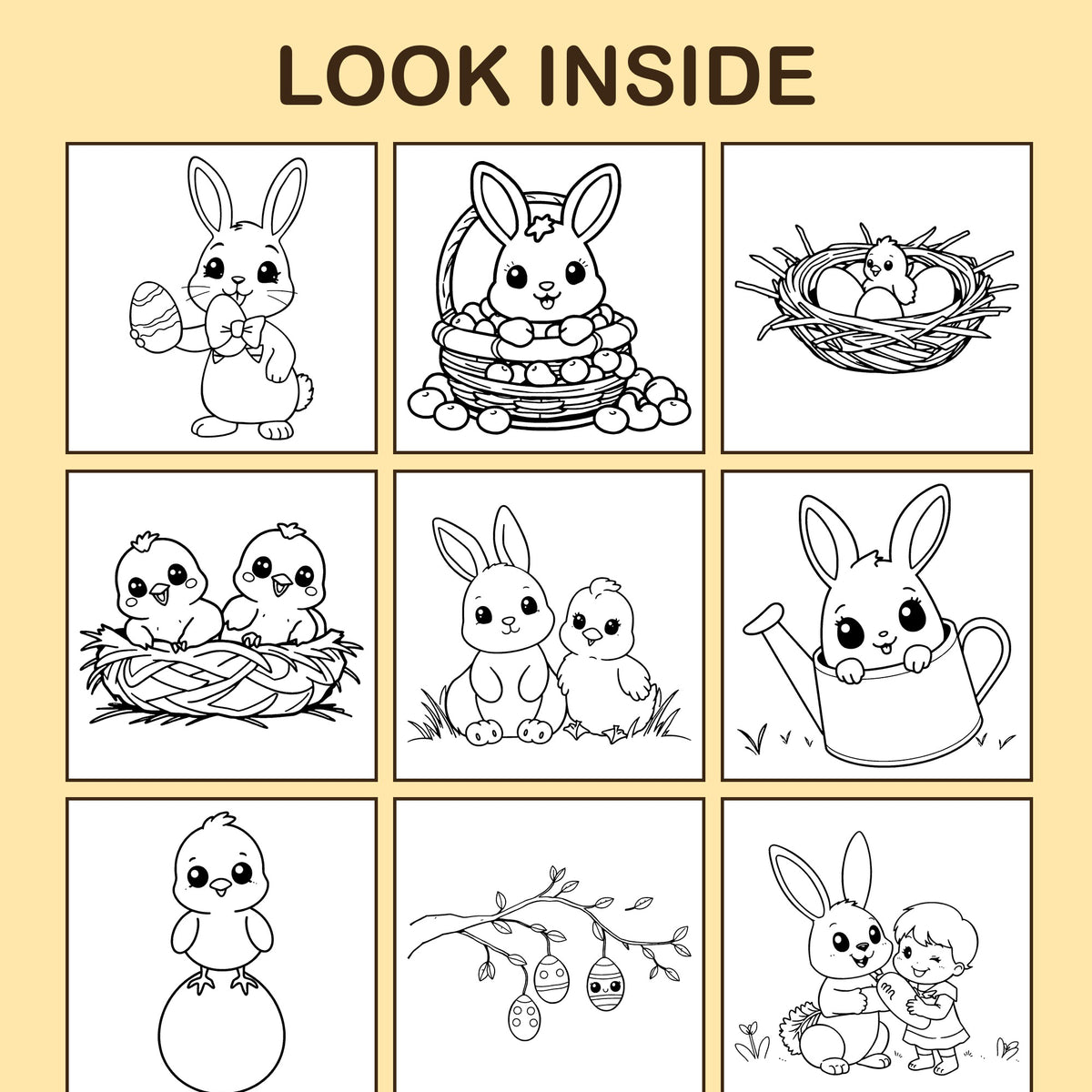 Look inside Happy Easter!: a sample coloring page with thick, bold outlines