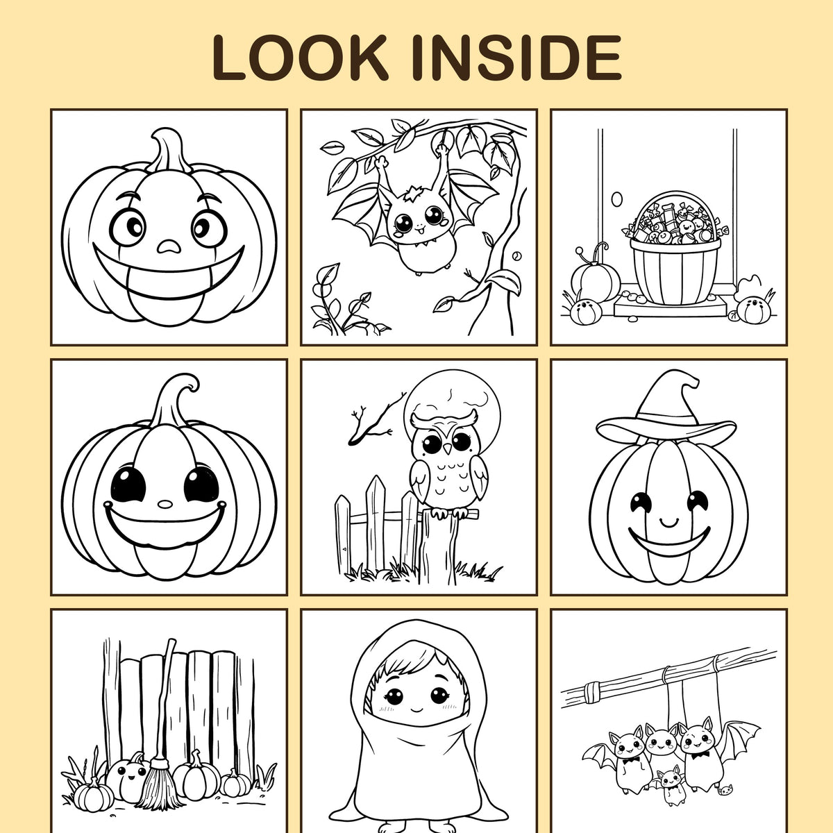 Look inside Happy Halloween!: a sample coloring page with thick, bold outlines