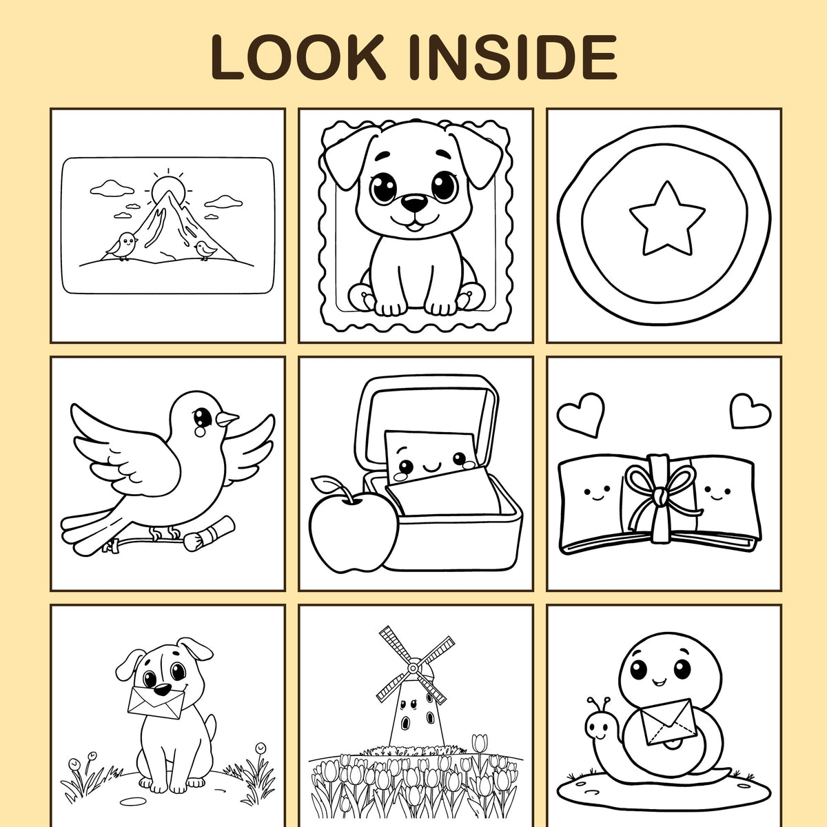 Look inside Happy Mail: a sample coloring page with thick, bold outlines