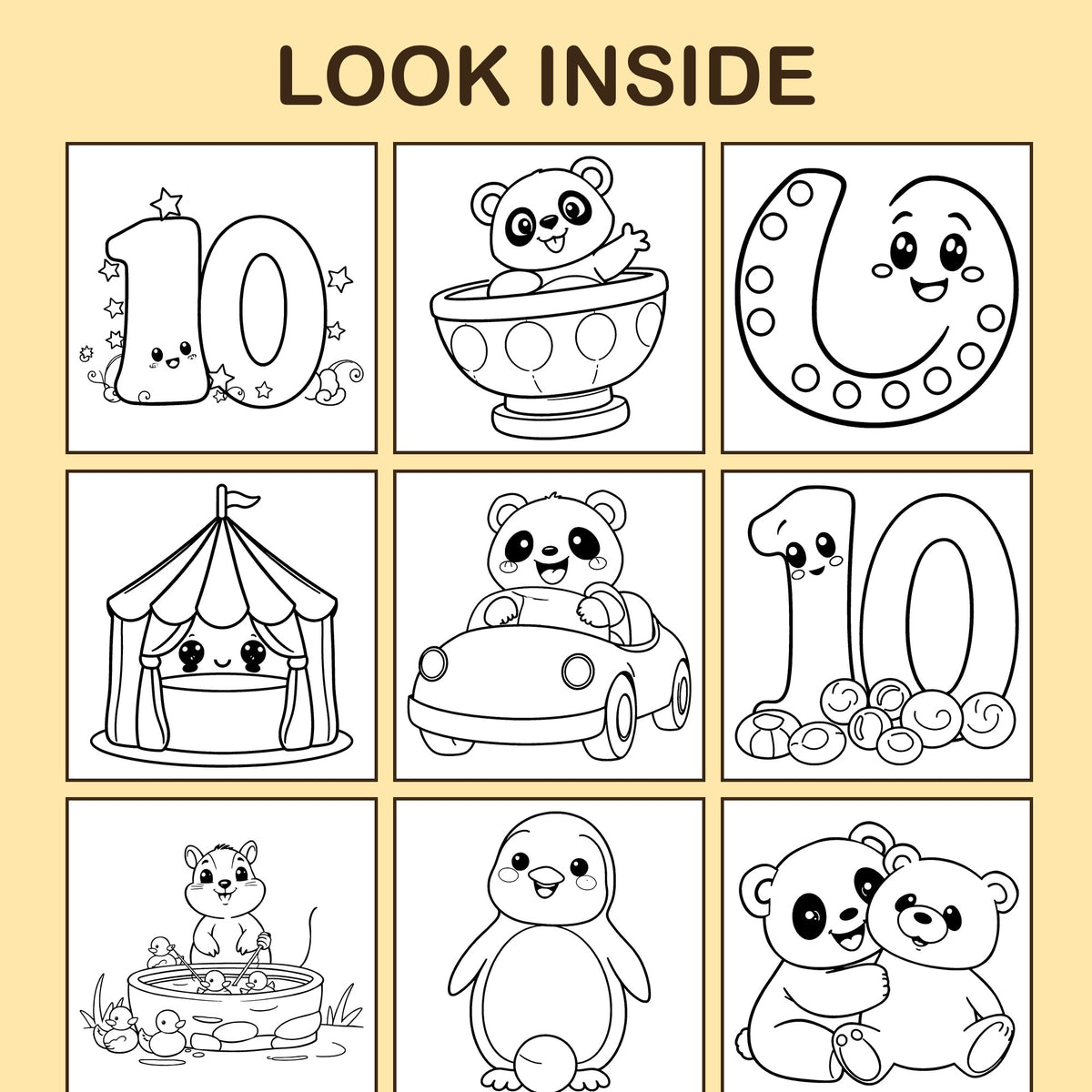 Look inside I Am 10!: a sample coloring page with thick, bold outlines