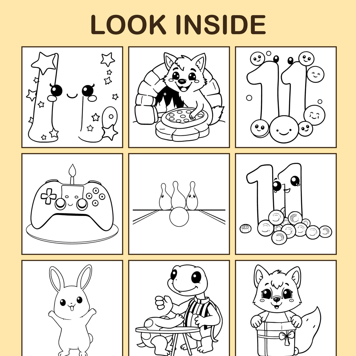 Look inside I Am 11!: a sample coloring page with thick, bold outlines