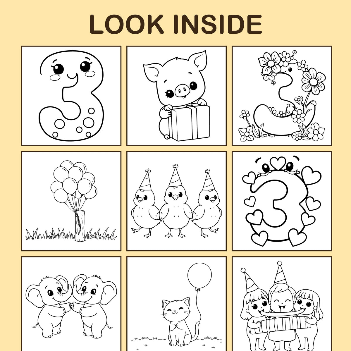 Look inside I Am 3!: a sample coloring page with thick, bold outlines