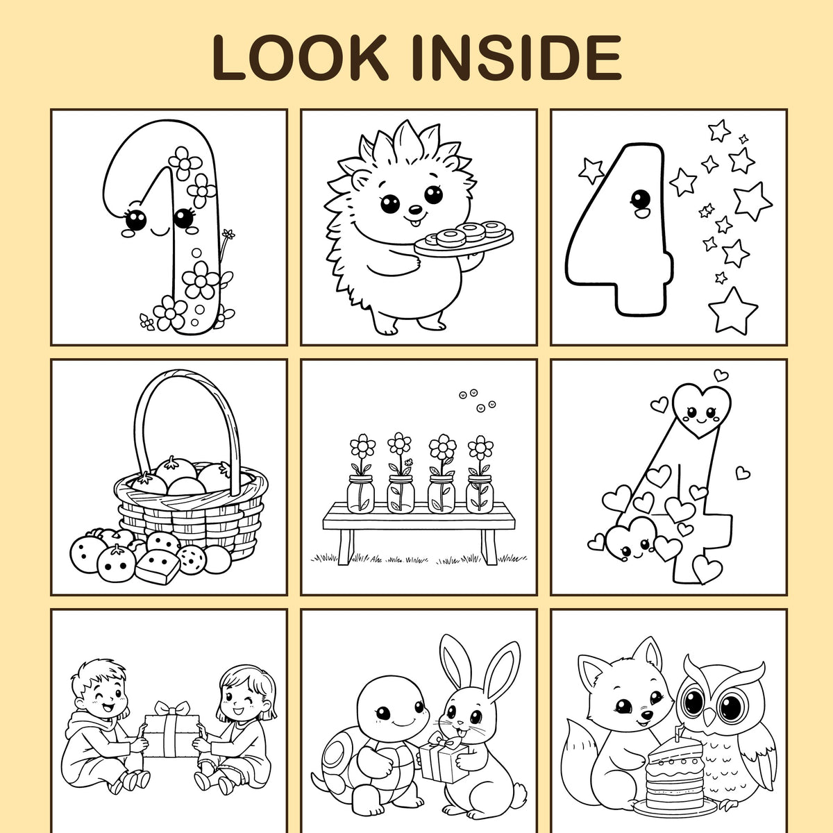 Look inside I Am 4!: a sample coloring page with thick, bold outlines