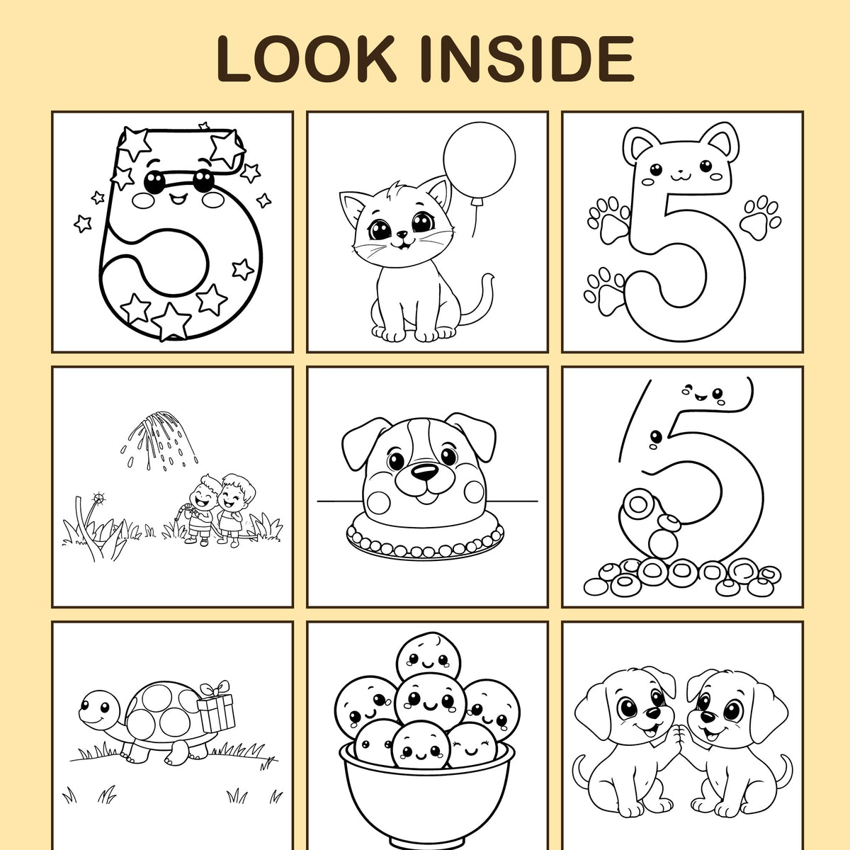 Look inside I Am 5!: a sample coloring page with thick, bold outlines
