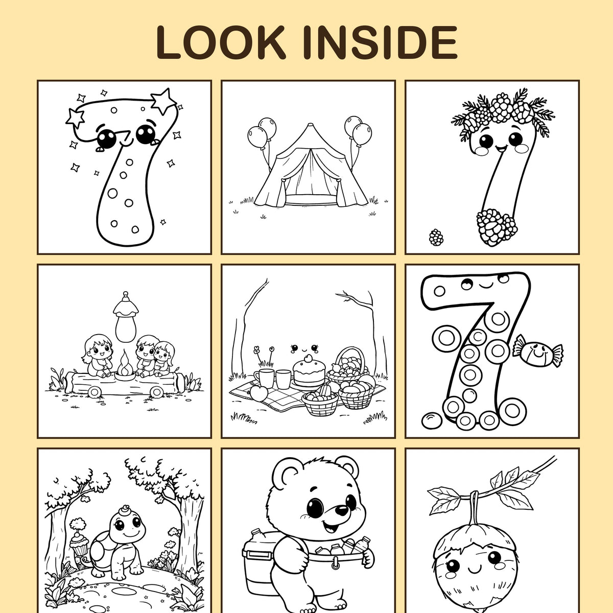 Look inside I Am 7!: a sample coloring page with thick, bold outlines