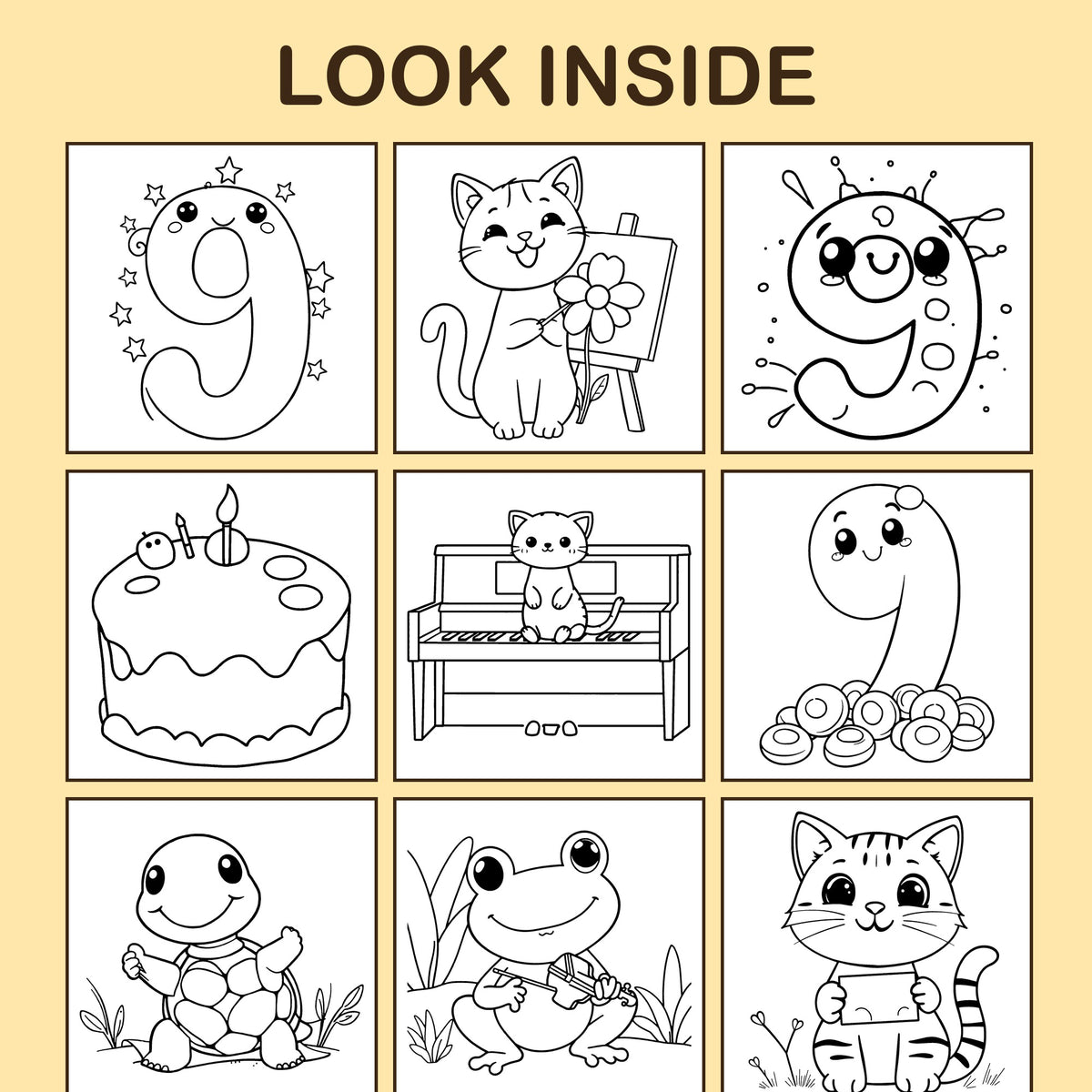 Look inside I Am 9!: a sample coloring page with thick, bold outlines
