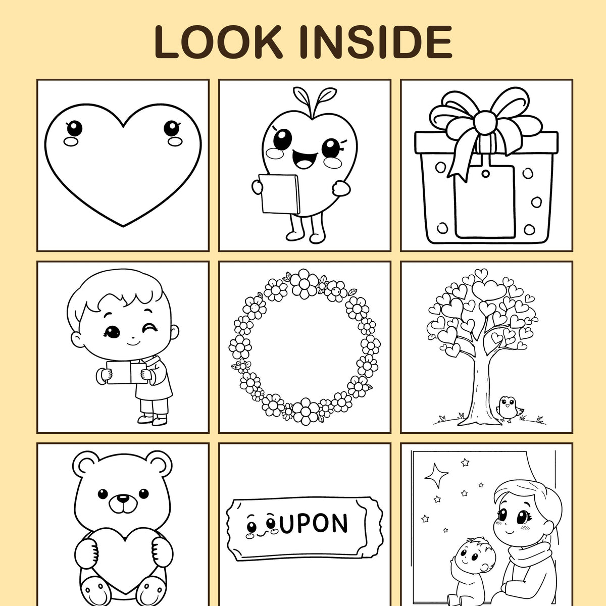 Look inside I Love You Because: a sample coloring page with thick, bold outlines