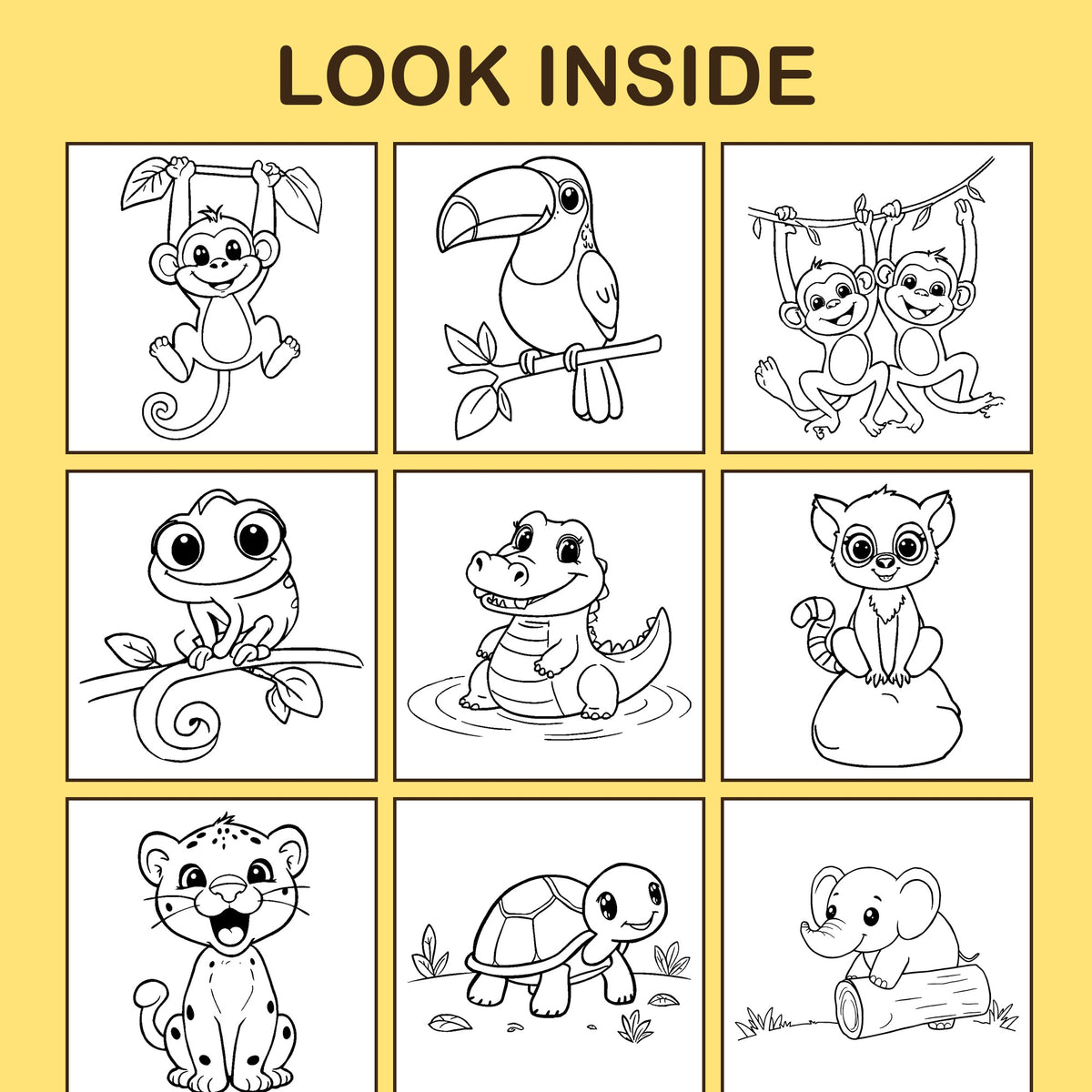 Look inside Jungle Friends: a sample coloring page with thick, bold outlines