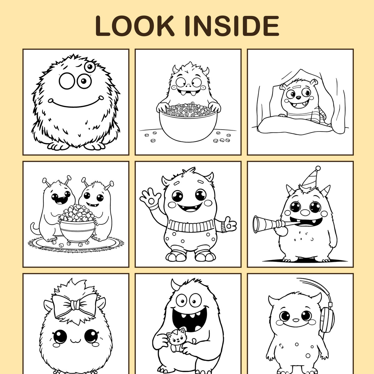 Look inside Little Monsters: a sample coloring page with thick, bold outlines