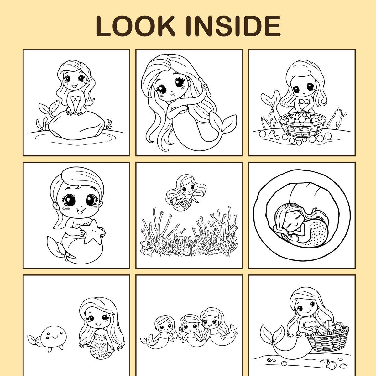 Look inside Mermaid Friends: a sample coloring page with thick, bold outlines