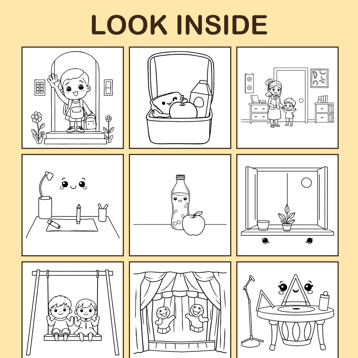 Look inside My First Day of School: a sample coloring page with thick, bold outlines