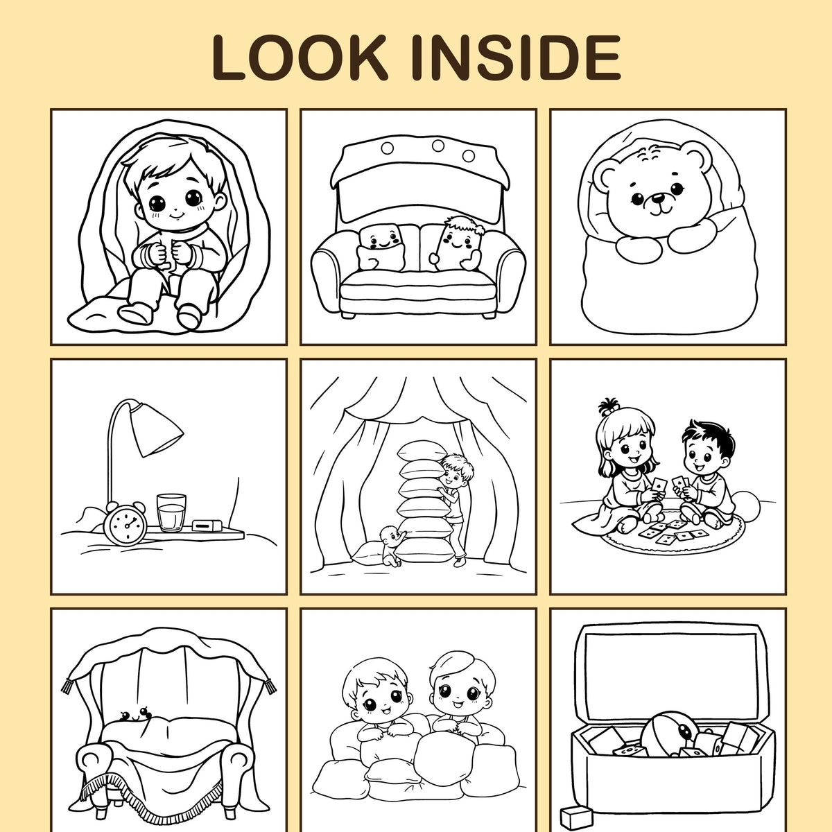 Look inside My First Sleepover: a sample coloring page with thick, bold outlines