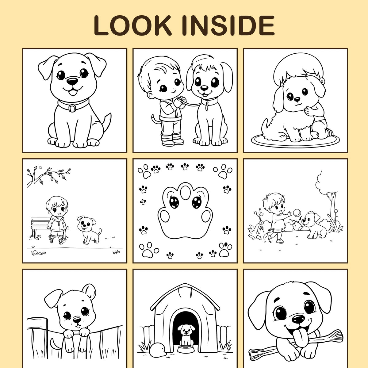 Look inside My New Puppy: a sample coloring page with thick, bold outlines
