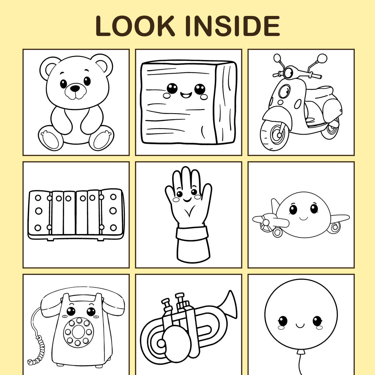 Look inside My Toys: a sample coloring page with thick, bold outlines