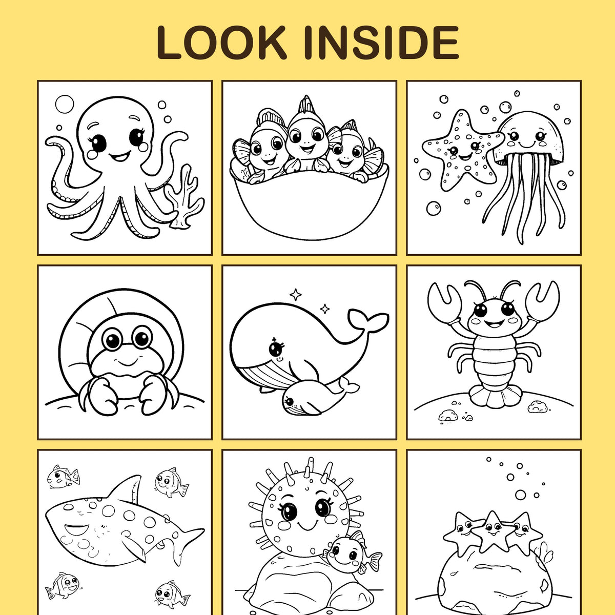 Look inside Ocean Friends: a sample coloring page with thick, bold outlines