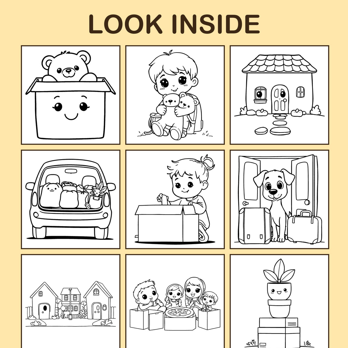 Look inside Our Moving Day: a sample coloring page with thick, bold outlines