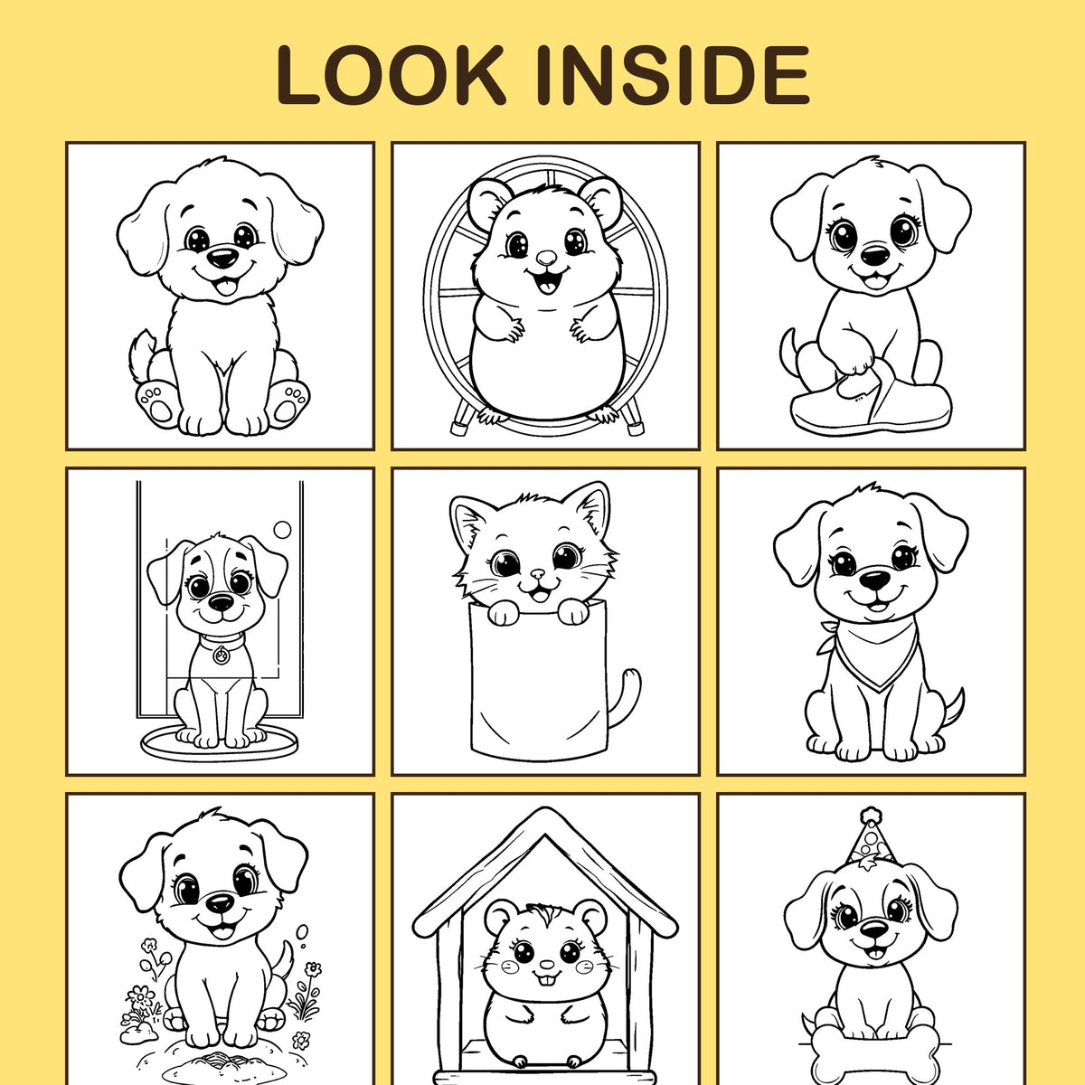 Look inside Pet Pals: a sample coloring page with thick, bold outlines