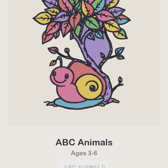 An ABC Animals coloring page being coloured in, page by page, by a coloured pencil