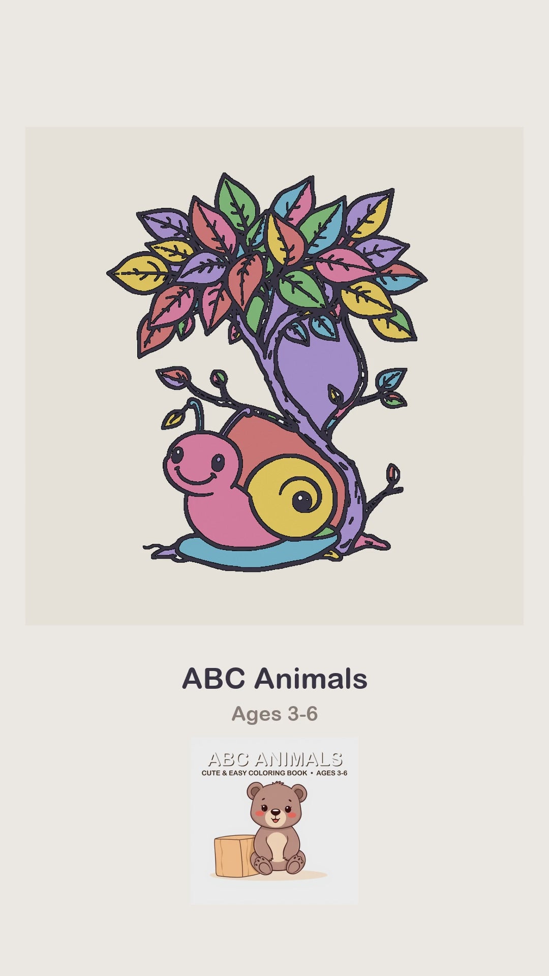 An ABC Animals coloring page being coloured in, page by page, by a coloured pencil