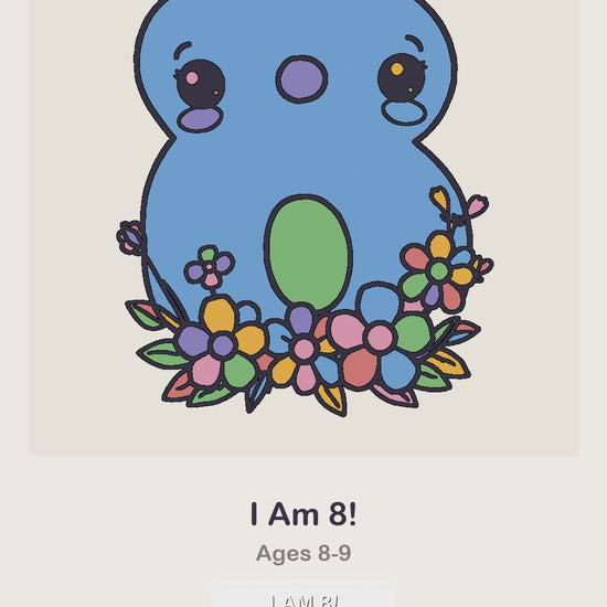 An I Am 8 birthday coloring page being coloured in, page by page, by a coloured pencil