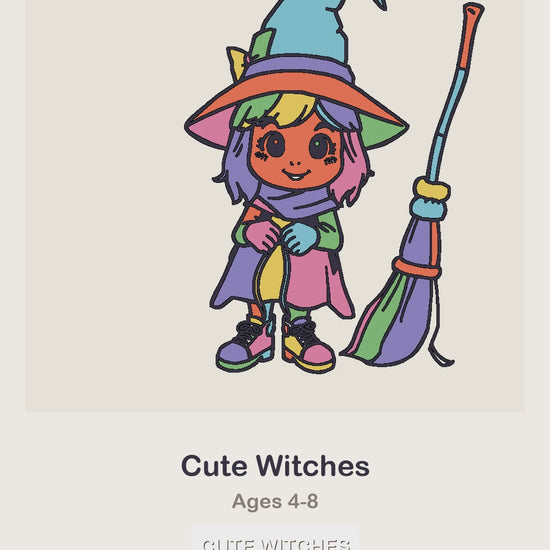 A Cute Witches coloring page being coloured in, page by page, by a coloured pencil